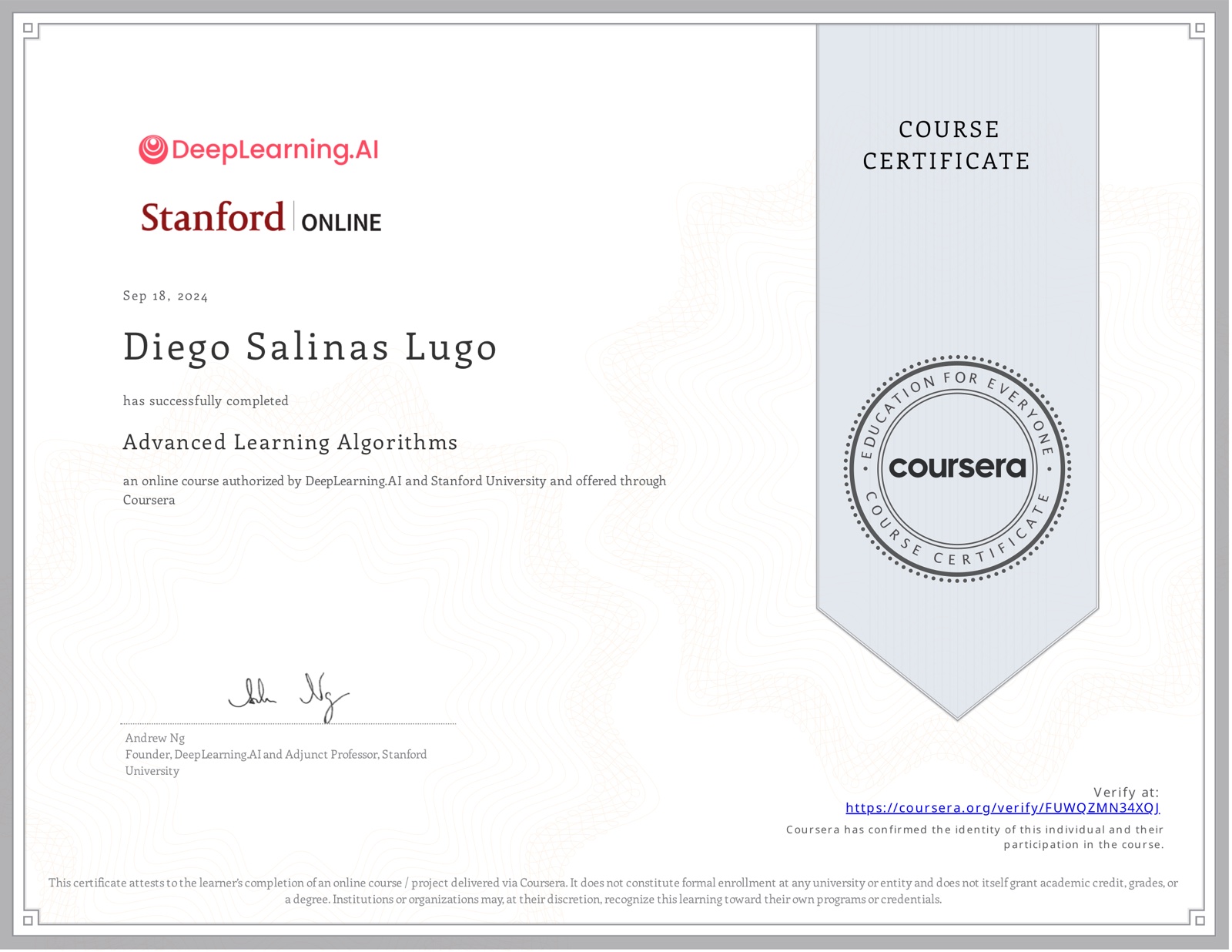 Advanced Learning Algorithms certificate