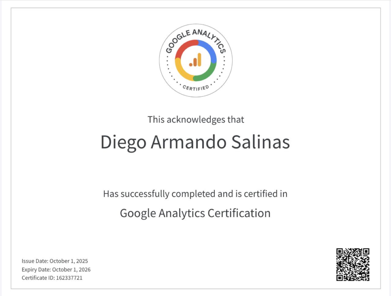 Google Analytics Certification certificate