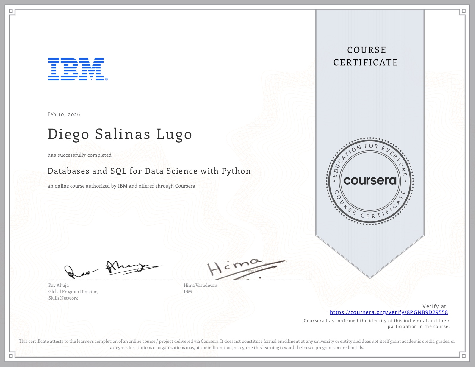 Databases and SQL for Data Science with Python certificate