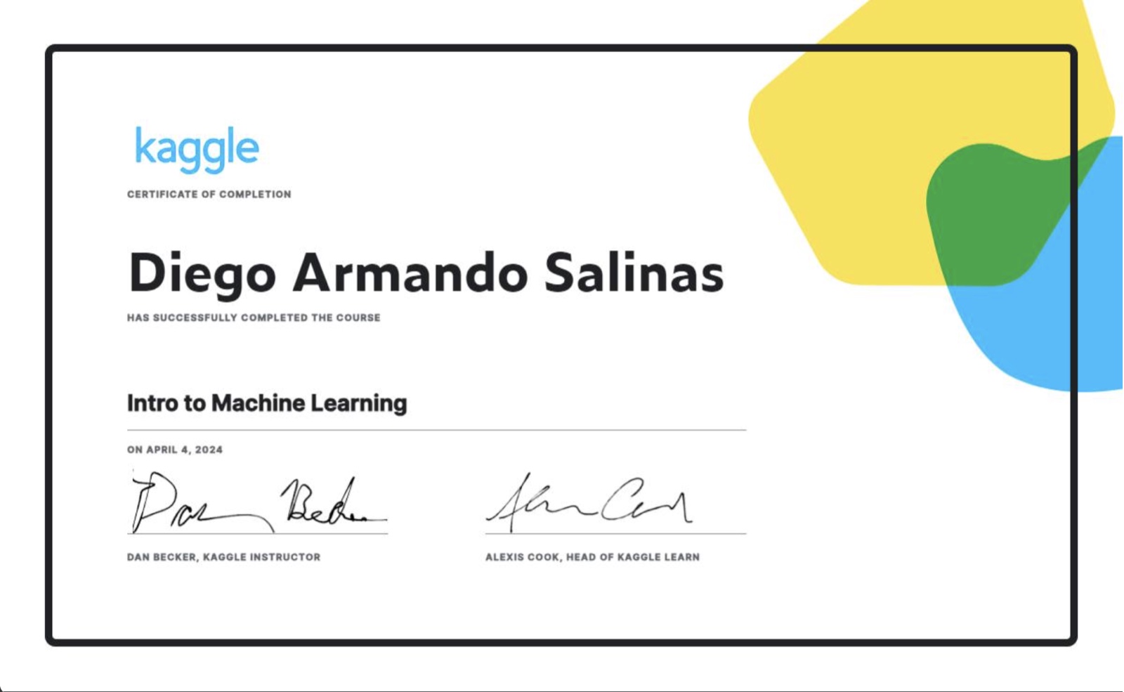 Intro to Machine Learning certificate