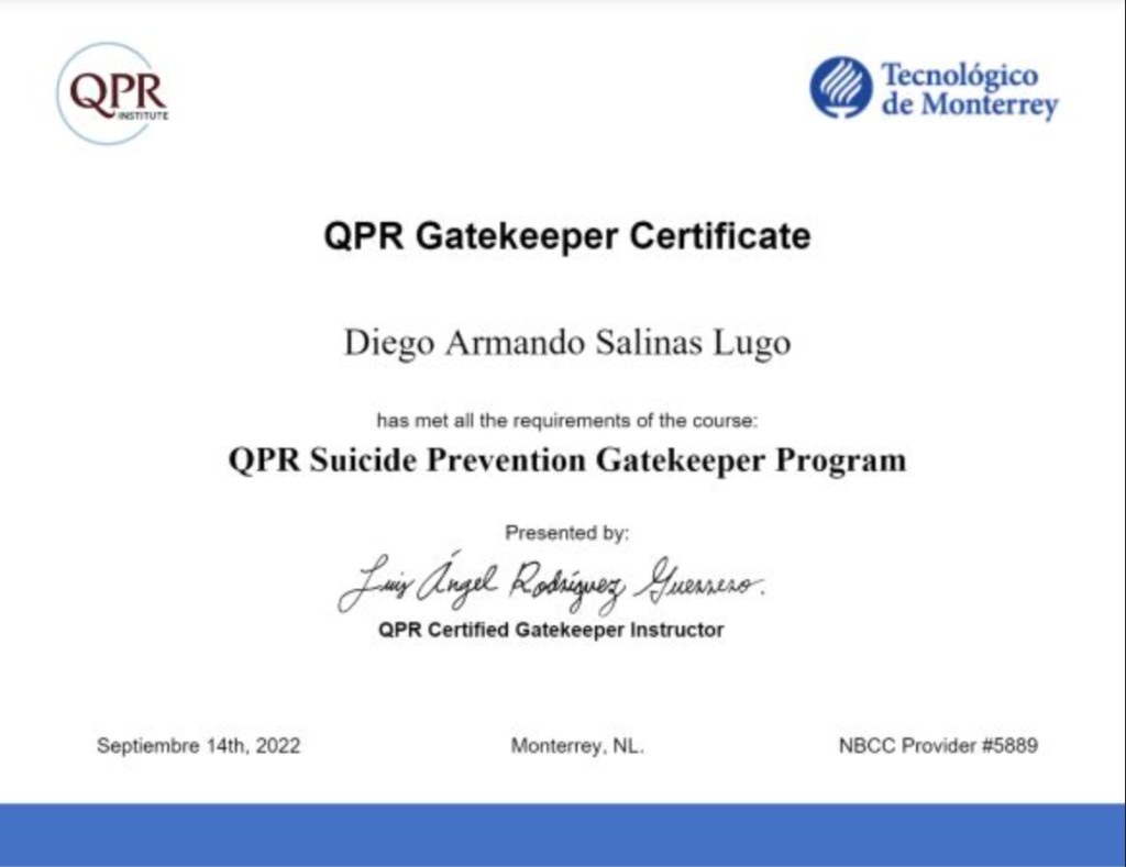 QPR Suicide Prevention Gatekeeper certificate