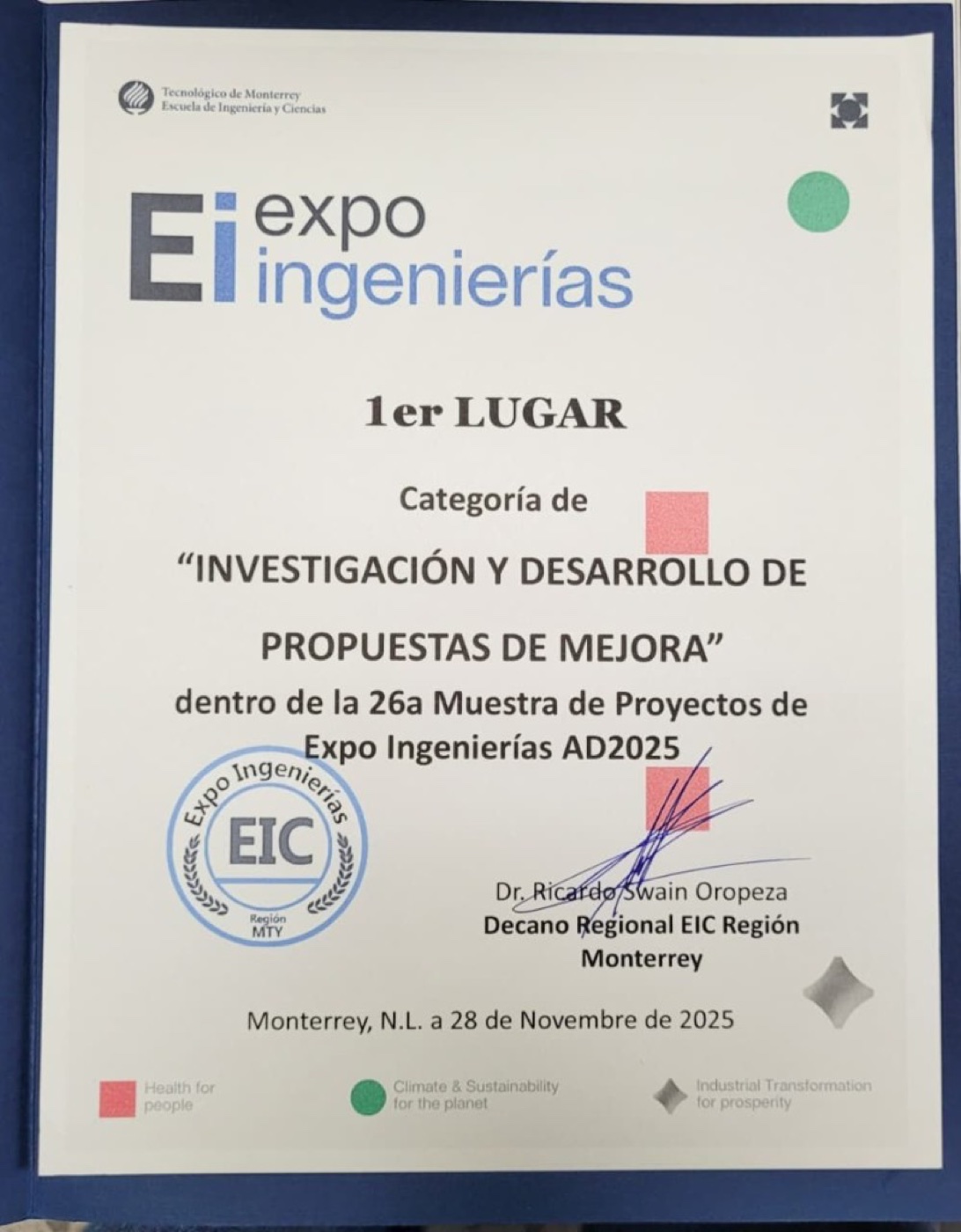 First place certificate — Tec Expo Ingenierías AD2025, research and improvement proposals