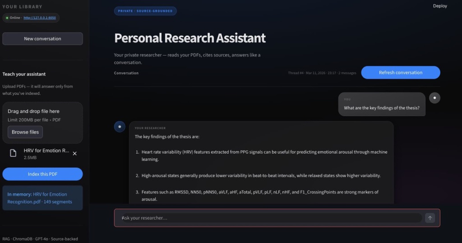 Personal Research Assistant — PDF indexed to 149 segments, answer grounded in the thesis